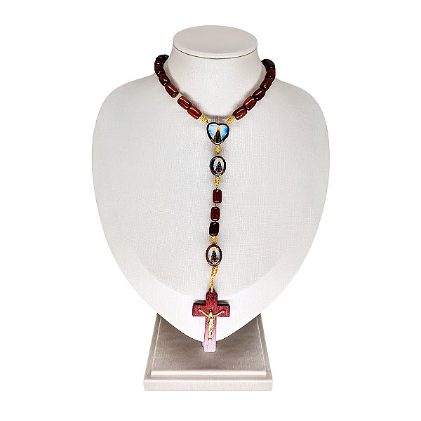 Terço em Madeira com Entremeio Resinado de Nossa Senhora Aparecida e Sagrado Coração de Jesus - Pacote com 3 Peças - Cód.: 6674