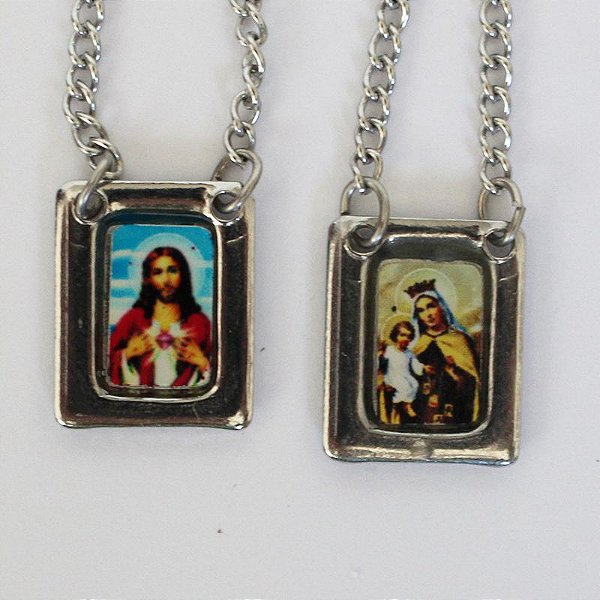 Escapulário em Aço Inox com Foto Colorida, Sagrado Coração de jesus e Nossa Senhora do Carmo - O pacote com 6 peças - Cód.: 8848