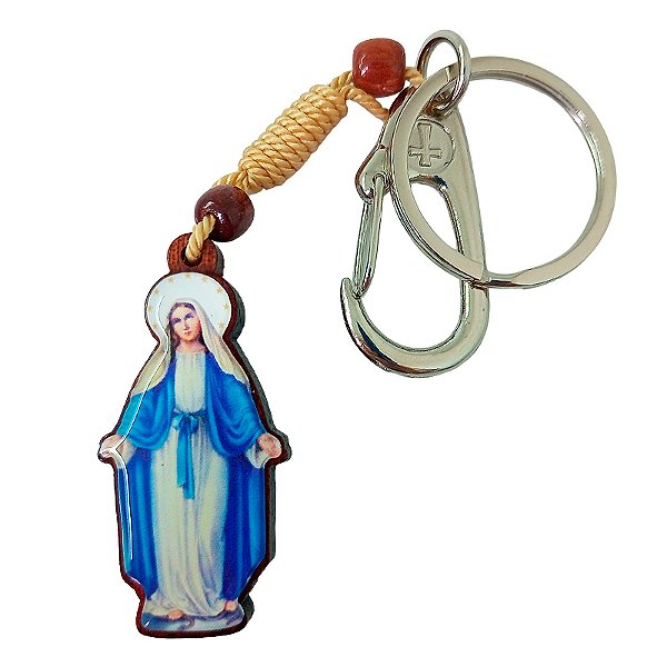 Chaveiro em Madeira de Nossa Senhora das Graças - com Mosquetão - Pacote com 3 peças - Cód. 3661