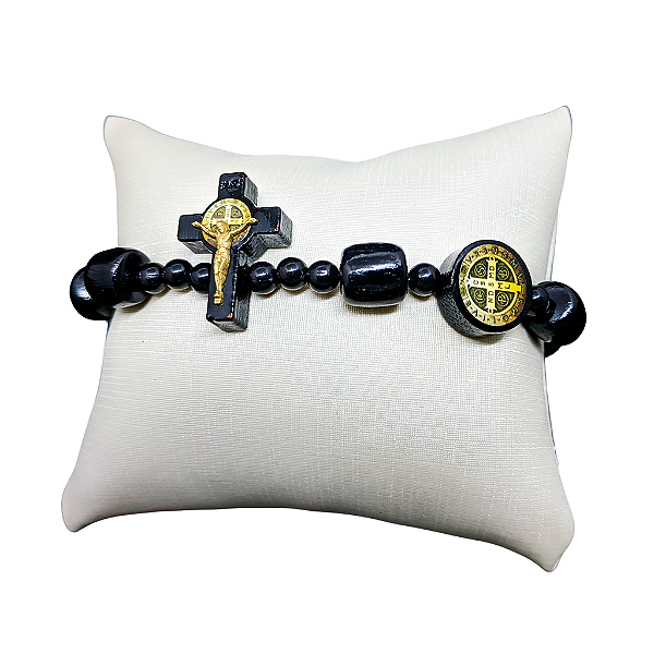Pulseira São Bento em Madeira com Medalha Resinada e Crucifixo com Cristo - A Dúzia - Cód.: 6128