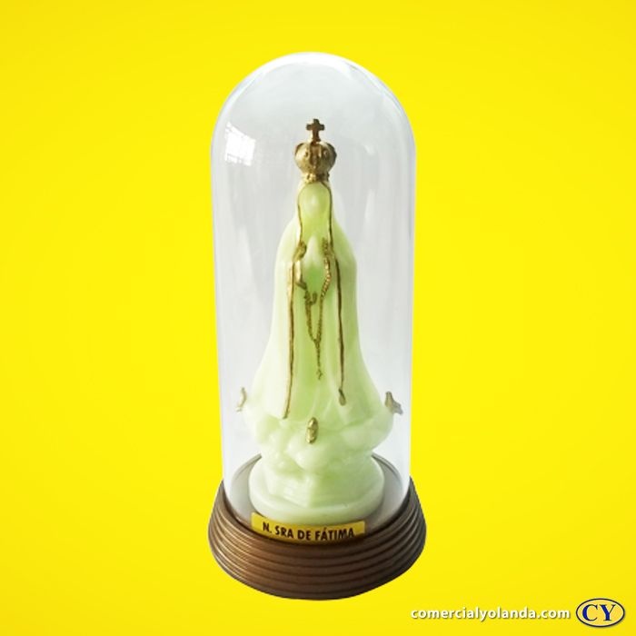 Imagem de Nossa Senhora de Fátima fosforescente com cúpula e base em plástico, cor ouro velho - O Pacote com 3 peças - Ref.: IRFA13