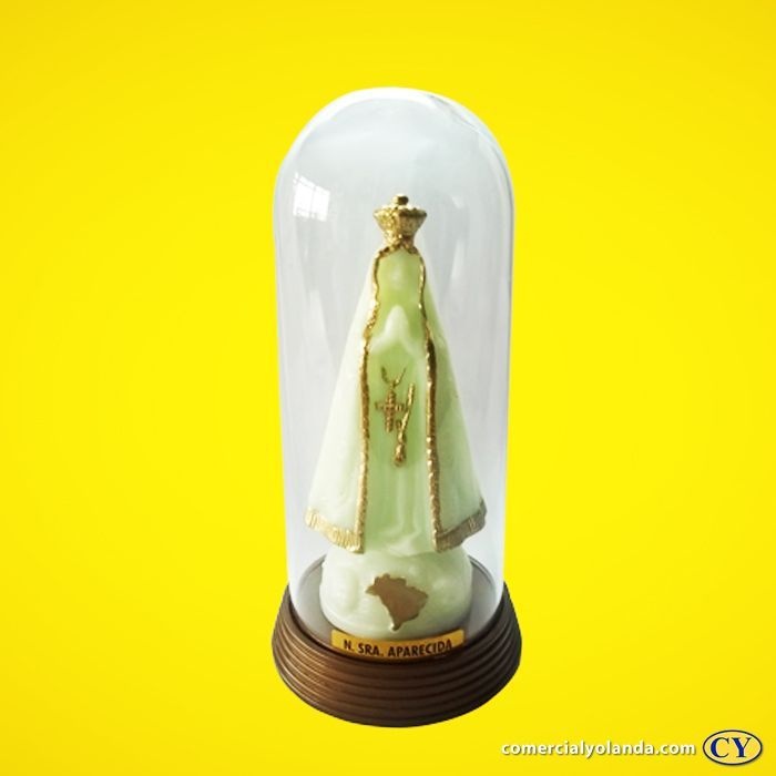 Imagem de Nossa Senhora Aparecida fosforescente com cúpula e base em plástico, cor ouro velho - O pacote com 3 peças - Ref.: IR.AP.13