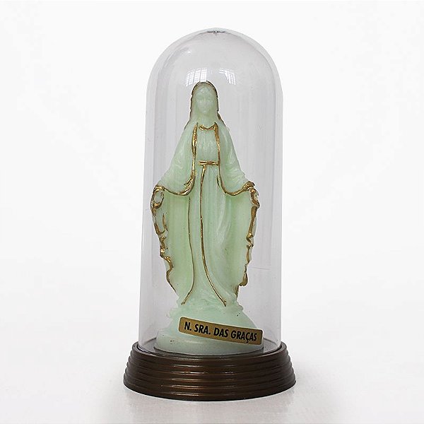 Imagem de Nossa Senhora das Graças fosforescente com cúpula e base em plástico, cor ouro velho - O Pacote com 3 peças  - Ref.: IR.GR.13