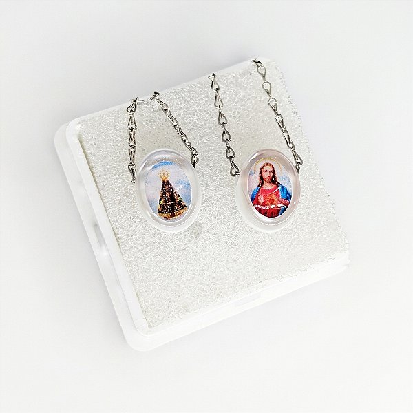 Escapulário Sagrado Coração de Jesus e Nossa Senhora Aparecida - Branco - Pacote com 6 Peças - Cód.: 6353