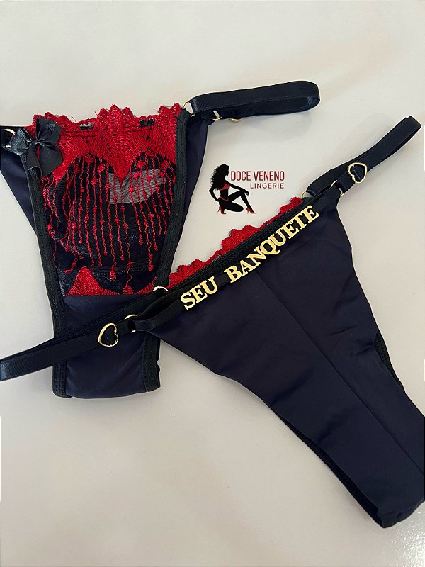 Calcinha Personalizada de tule Lorena (u) Preta/vermelha