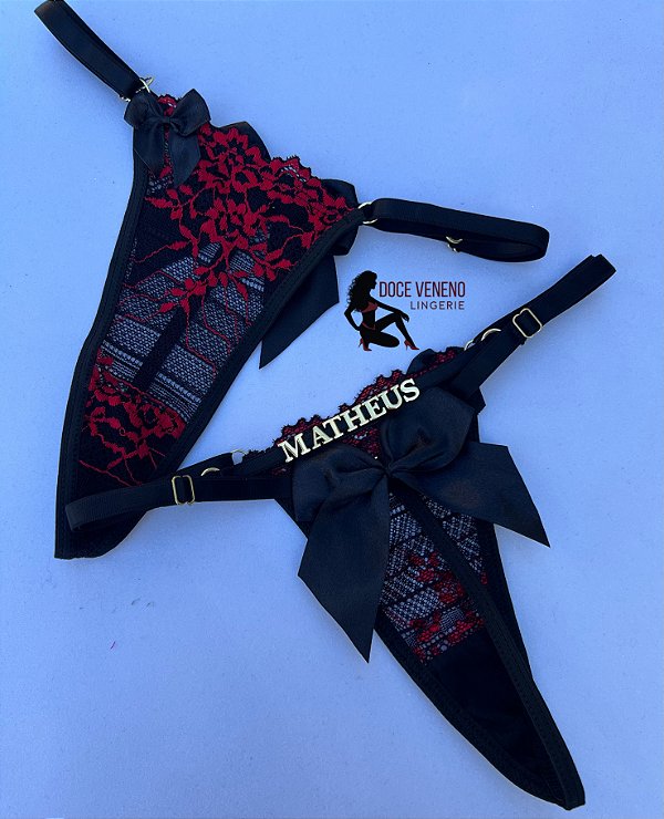 Calcinha personalizada sexy fio| laço - Preto/vermelho