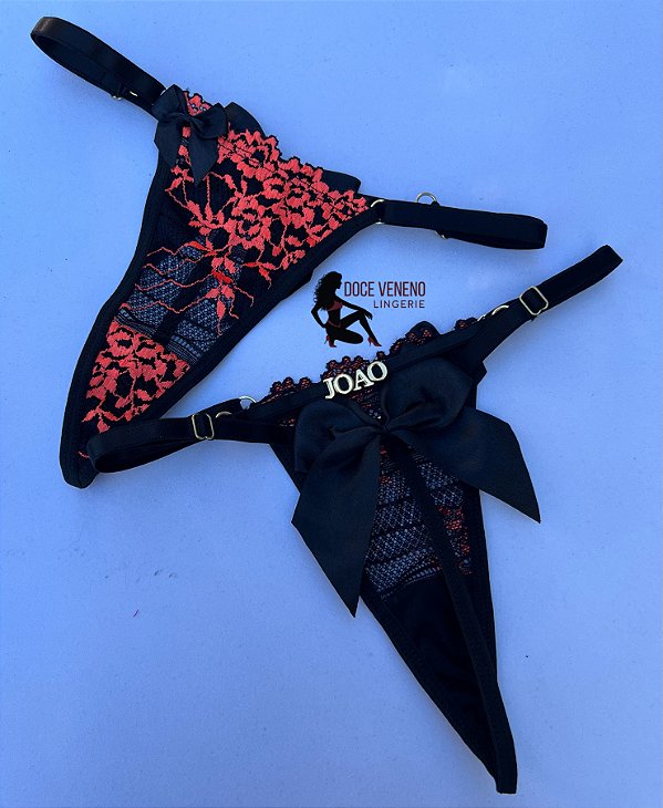 Calcinha personalizada sexy fio| laço - Preto/laranja
