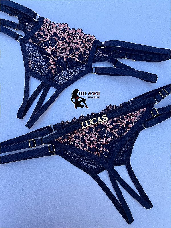 Calcinha Personalizada renda (u) Secretária | Azul marinho/romance