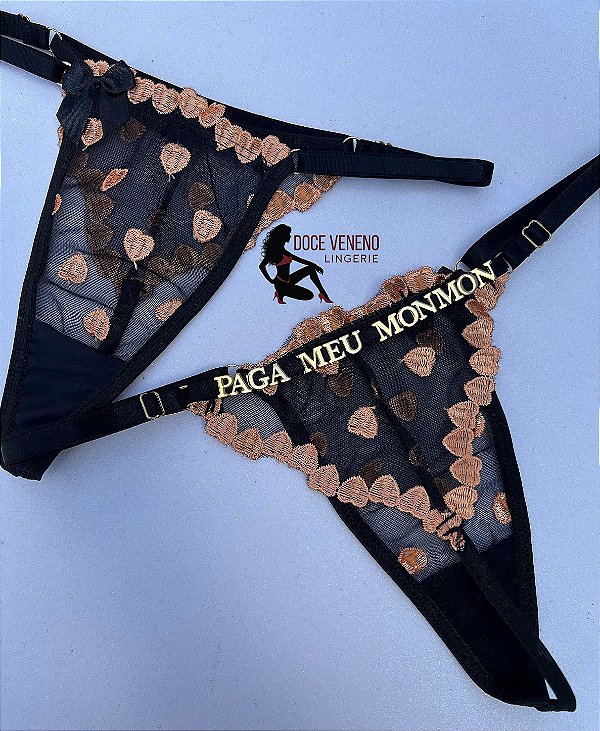 Calcinha personalizada semi fio| triângulo - Preta/coração Dourado