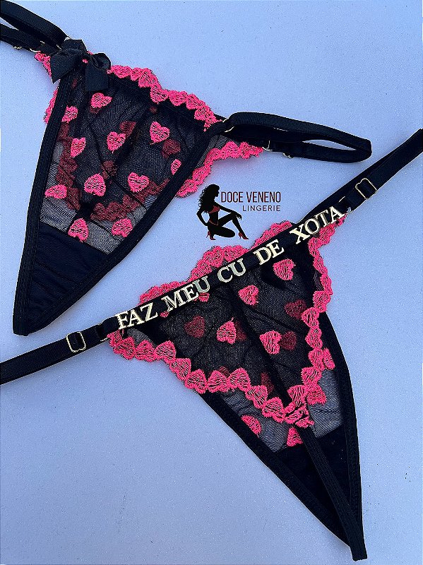 Calcinha personalizada semi fio| triângulo - Preta/coração Pink