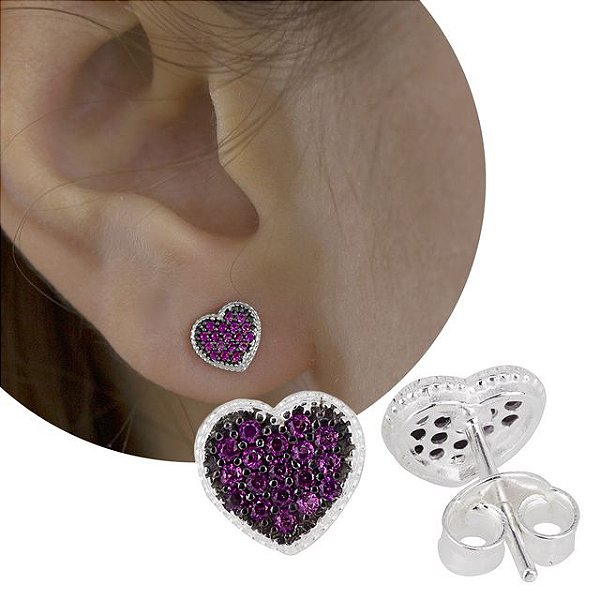 Brinco Prata Coração Zirconia RUBI