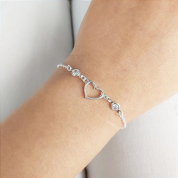 PULSEIRA CORACAO COM PONTO DE LUZ PRATA