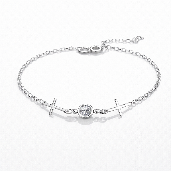 Pulseira Cruz e Ponto de Luz - Prata 925