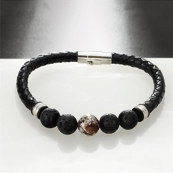 BRACELETE DE COURO PRETO COM PEDRAS VULCANICAS