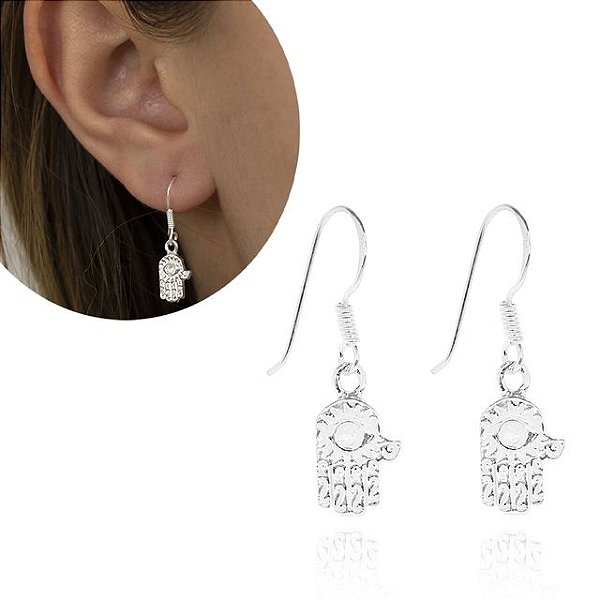 Brinco Prata 925 Gancho Mão de Hamsa