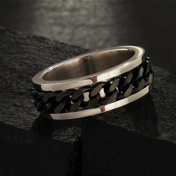 ANEL GIRATORIO DE ACO POLIDO COM CORRENTE DE ELOS BLACK