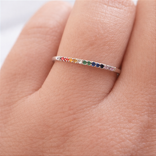 Anel Meia Aliança Zircônia Coloridas - Prata 925