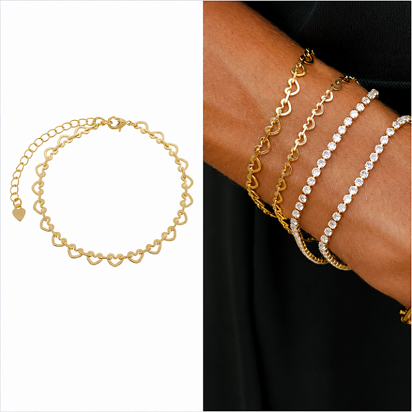 Pulseira de Elos em Coração M - Banhado Ouro