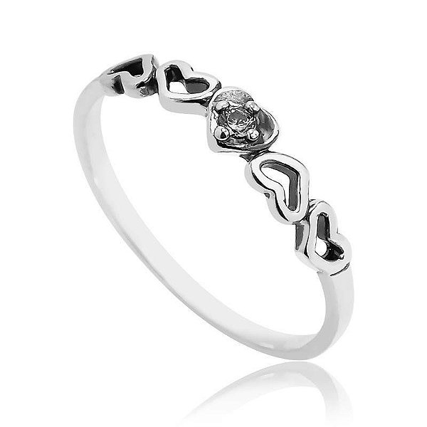 ANEL CORAÇÕES COM PONTO DE LUZ EM PRATA ENVELHECIDA