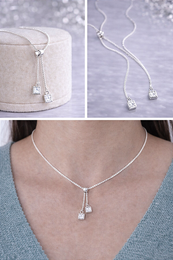 Colar Regulável Quadrado com Zircônia - Prata 925