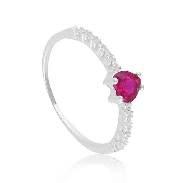 ANEL CORACAO DE ZIRCÔNIA RUBI PRATA