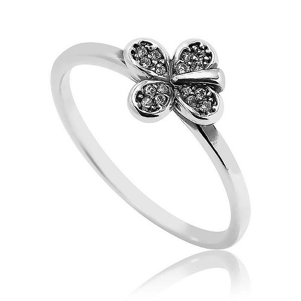 ANEL TREVO QUATRO FOLHAS CRAVEJADO PRATA ENVELHECIDA