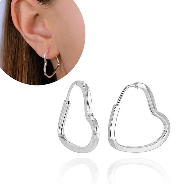 Argola Prata Coração fio Quadrado 2,2cm