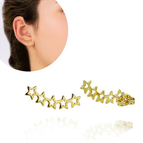 Brinco Estrela Vazado Earcuff Folheado em Ouro 18K - SEMIJOIA