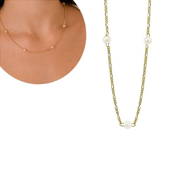 Colar com perolas Shell Folheado em Ouro 18K - SEMIJOIA