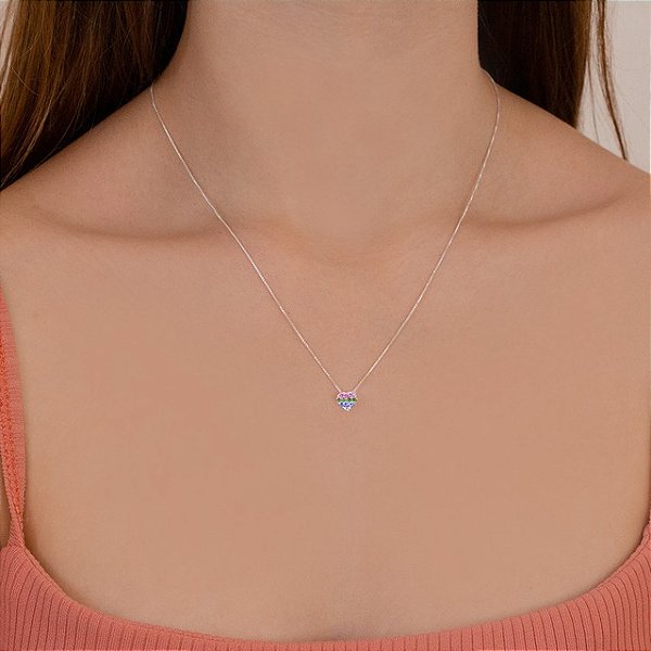 Colar Prata Coração Pequeno Zircônias Coloridas