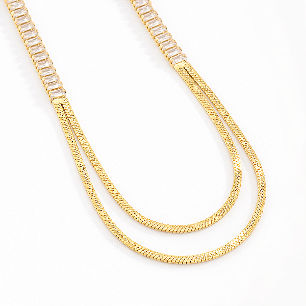 Colar duas Corrente Snake com Zircônias - Banhado Ouro 18k