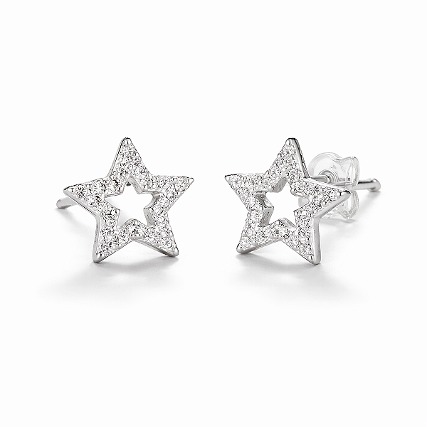 Brinco Estrela Cravejada Com Zircônias Brancas - Prata 925