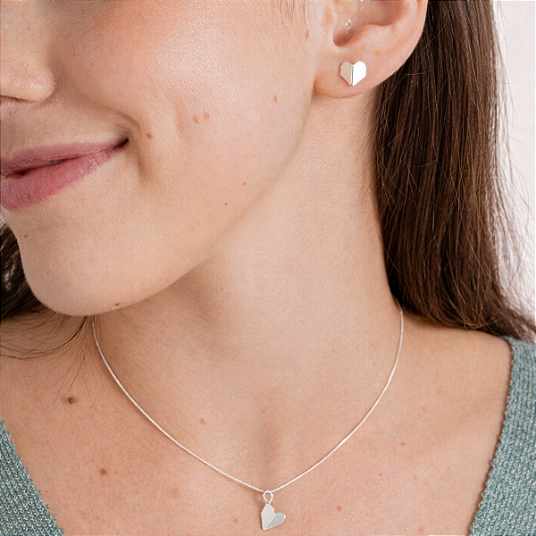 Conjunto Coração Origami - Prata 925