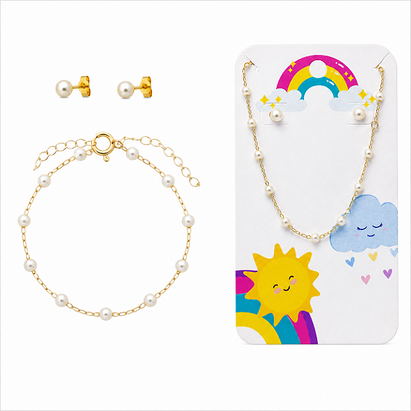 Conjunto Infantil Pérolas Brinco e Pulseira - Banhado Ouro