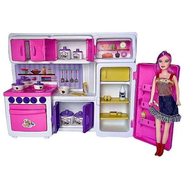 Cozinha Fogão Infantil Brinquedo Menina Completa Grande Rosa C/ Boneca