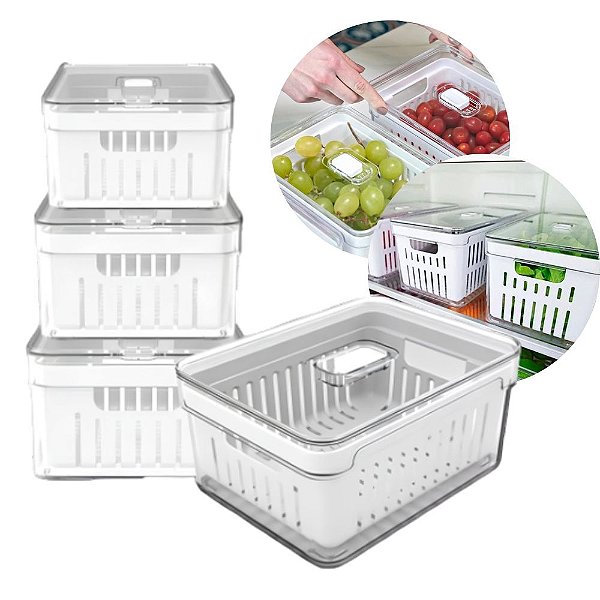 Kit 4 Organizadores Geladeira Clear Fresh 2,8l Cesto Tampa