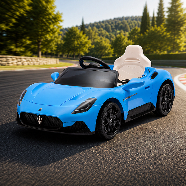 Carro Elétrico Infantil Maserati MC20 12V Azul com Faróis, Portas que Abrem e Design Esportivo