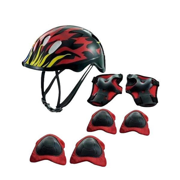 Kit De Proteção Kj19vm - Vermelho Chamas Com Capacete
