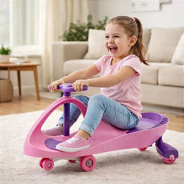 Carrinho De Rolimã Infantil Super Car Rosa 360° Com Led