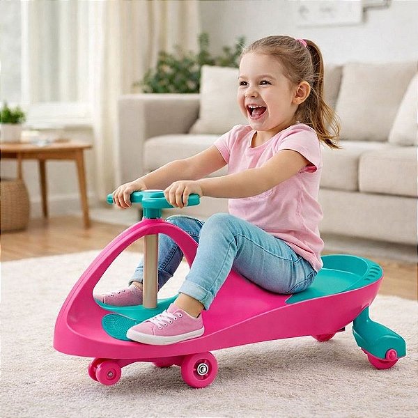 Carrinho De Rolimã Infantil Super Car Rosa 360° Com Led