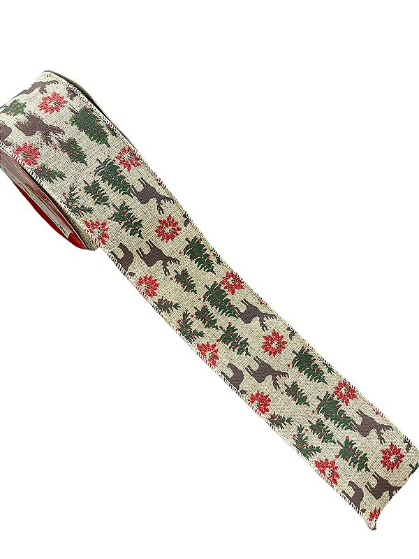 Fita aramada tecido estampada renas (bege) 6,3cmx9,14m