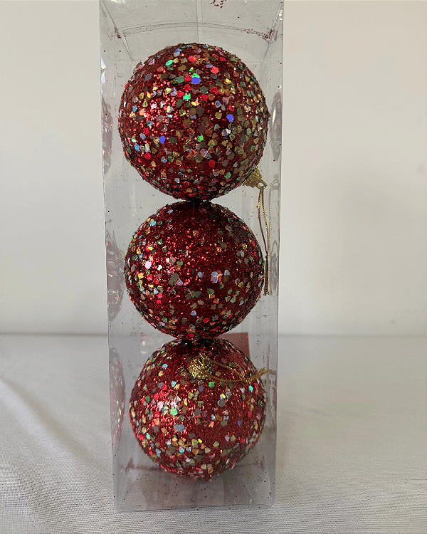 BOLA DECORATIVA VERMELHO 8CM JOGO C/3 UND