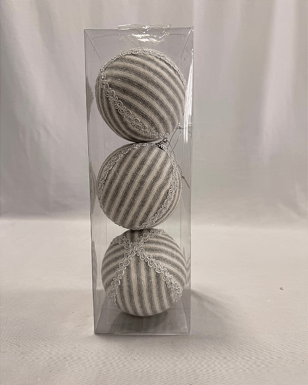 BOLA DECORATIVA CINZA LISTRADA 10CM COM 3 UNIDADES