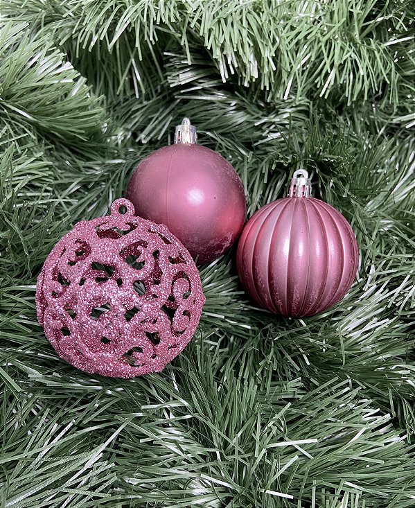 Bola natal decorada mista PVC 6cm com 6 unidades rose