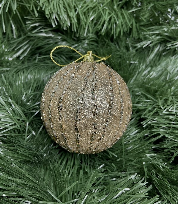 Bola natal decorada glitter PVC 8cm 3 unidades champanhe