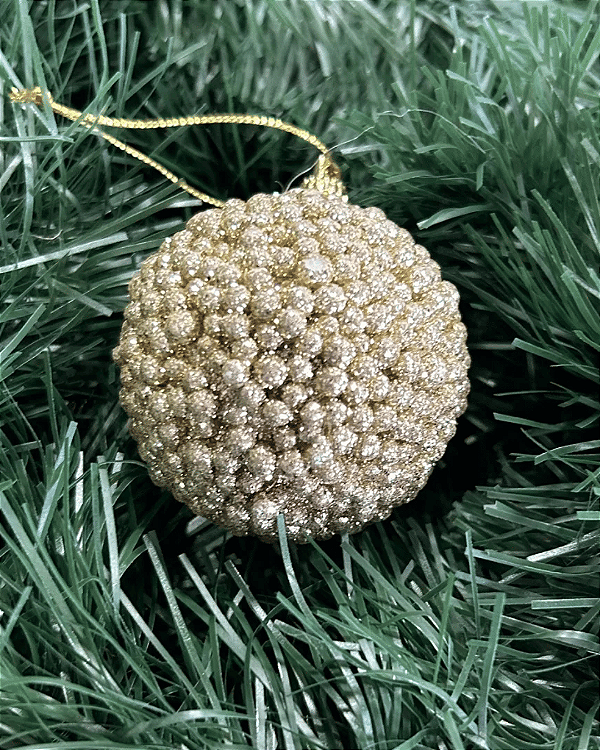 BOLA DECORADA NATAL C/ GLITTER C/3 UND CHAMPANHE 6CM