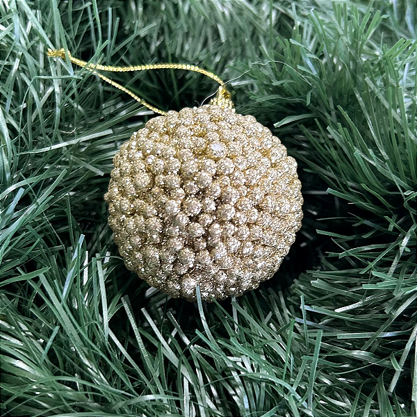 Bola natal decorada glitter PVC 6cm 3 unidades champanhe
