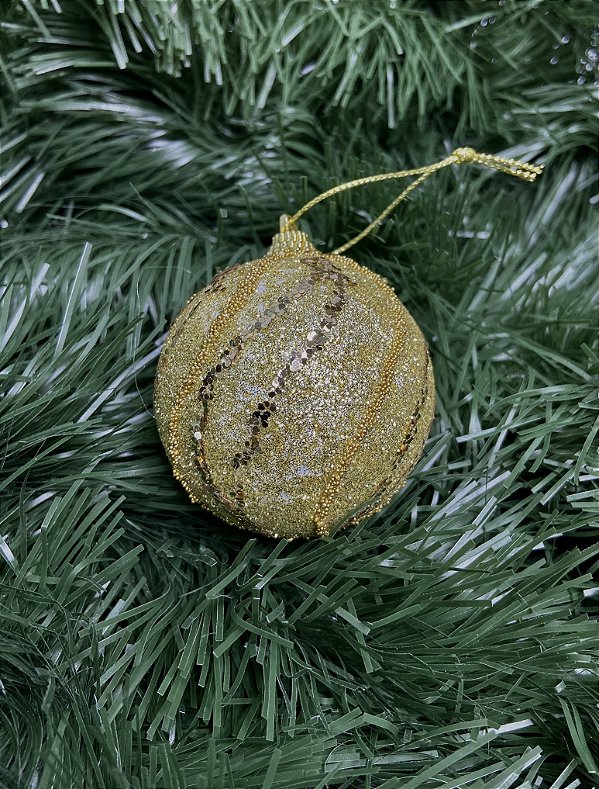 Bola natal decorada glitter PVC 6cm 3 unidades dourado champanhe