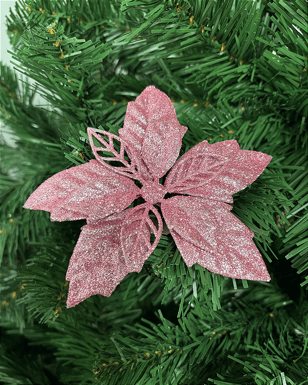 FLOR NATAL BICO PAPAGAIO GLITTER ROSA CLARO 13cm