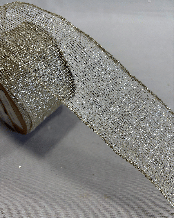 FITA ARAMADA TELA C/GLITTER CHAMPANHE 6,3cm x 9,14m
